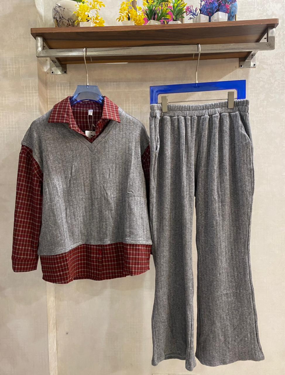 Ribbed & Plaid Coord Set FT473