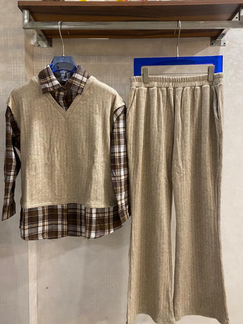 Ribbed & Plaid Coord Set FT473