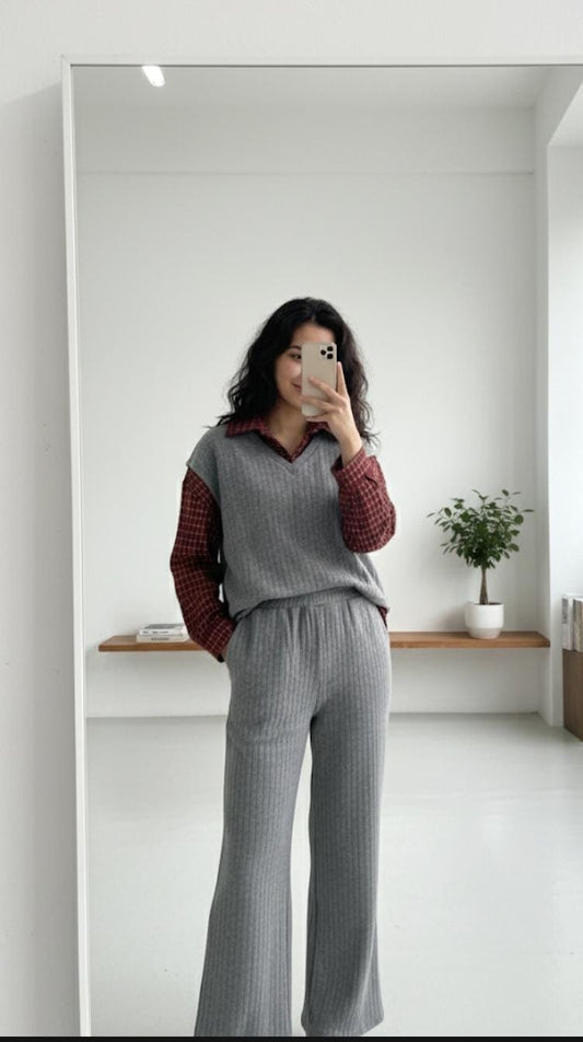 Ribbed & Plaid Coord Set FT473