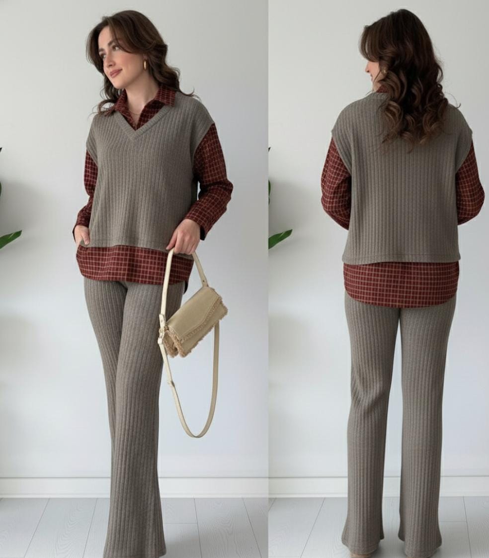 Ribbed & Plaid Coord Set FT473