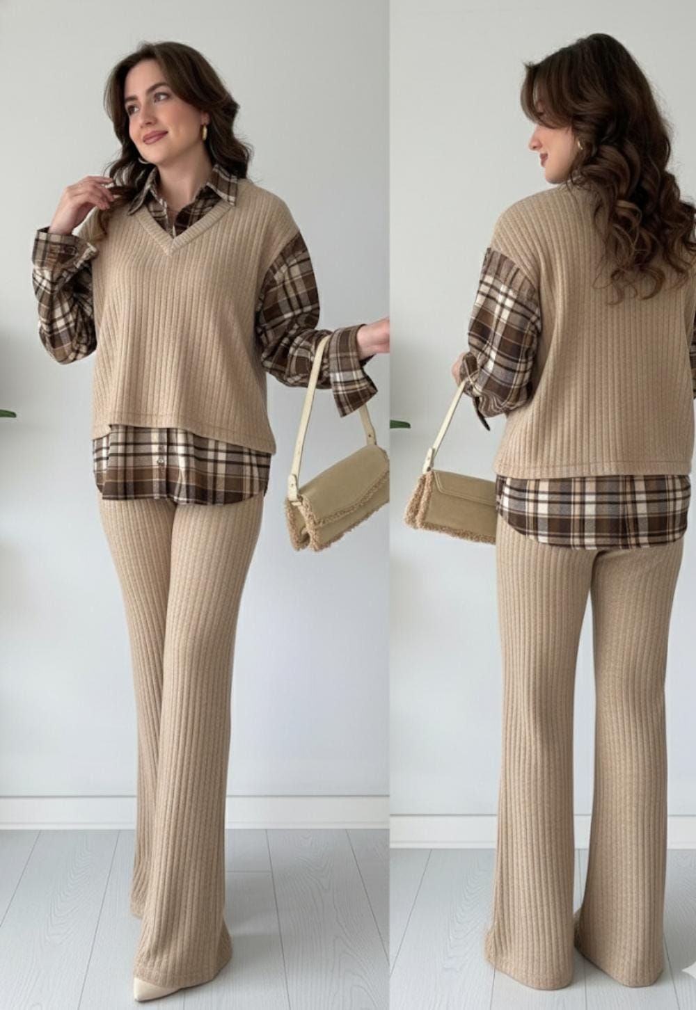 Ribbed & Plaid Coord Set FT473