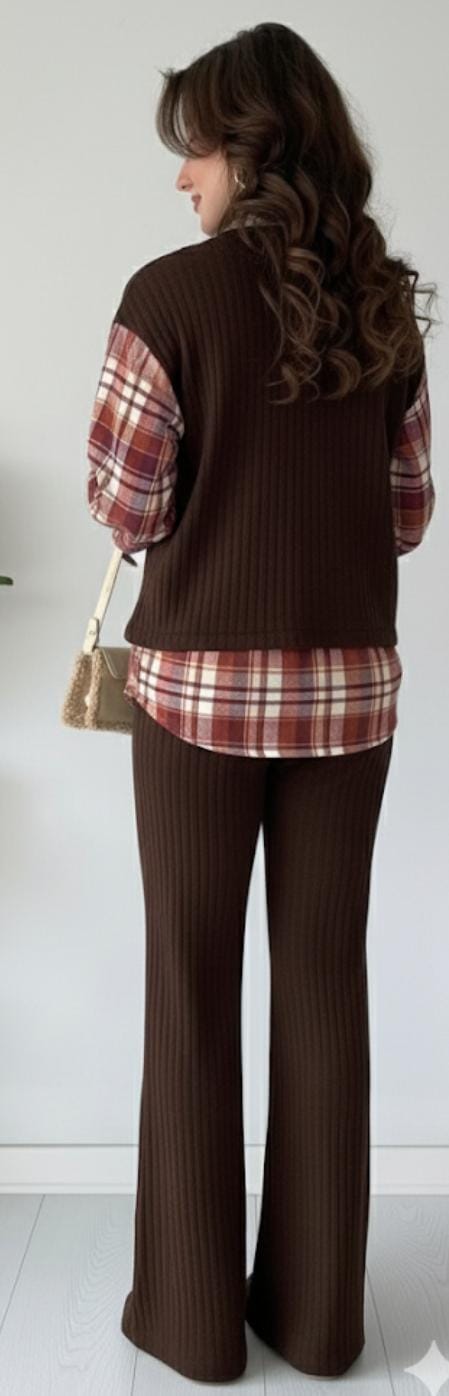 Ribbed & Plaid Coord Set FT473