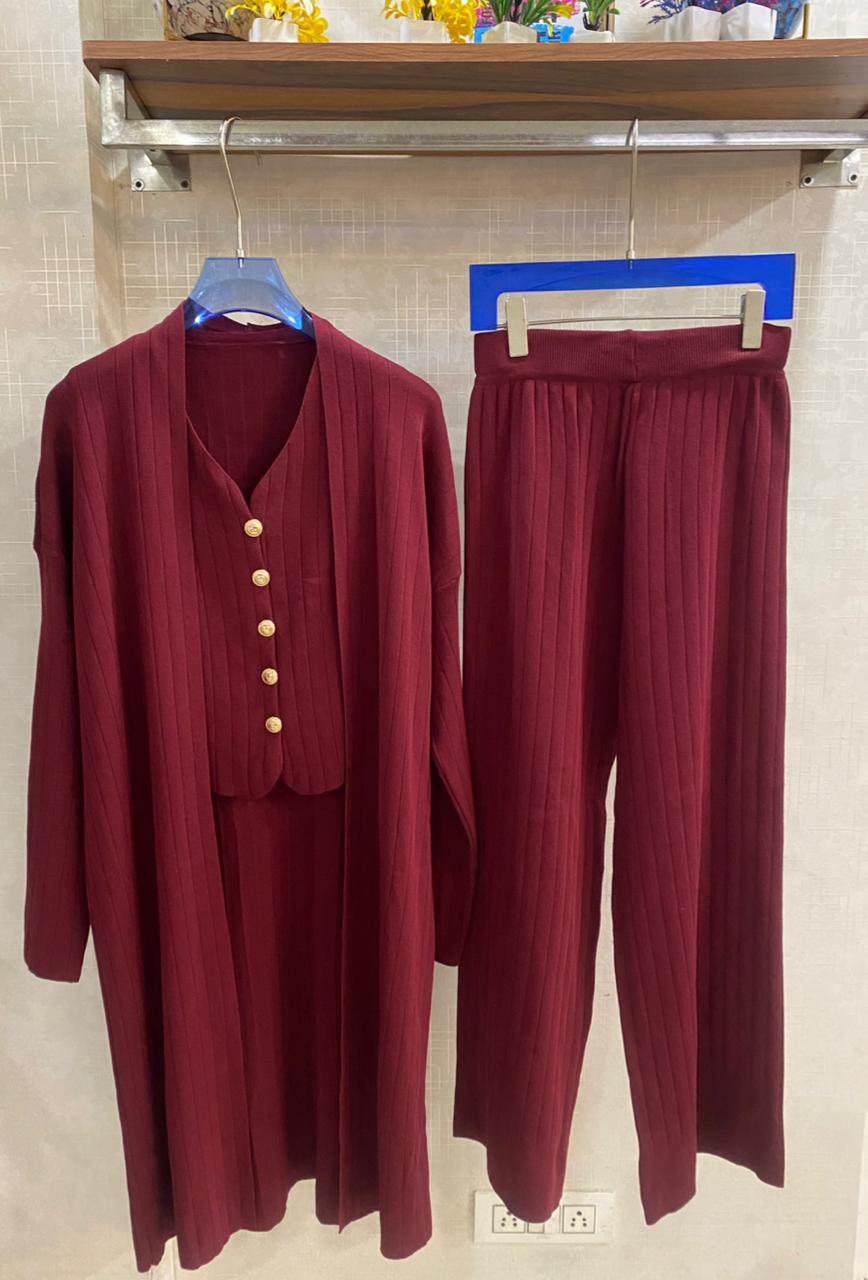 3 pcs Woolen Coord Set With Shrug FT478