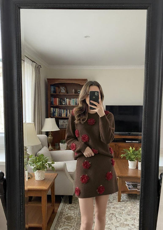 Rosewood Woolen Skirt and Pullover Set FT489