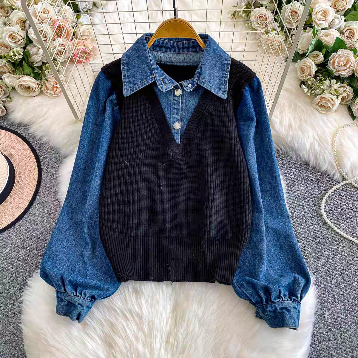 Layered Sweater Vest With Denim Detailing FT491