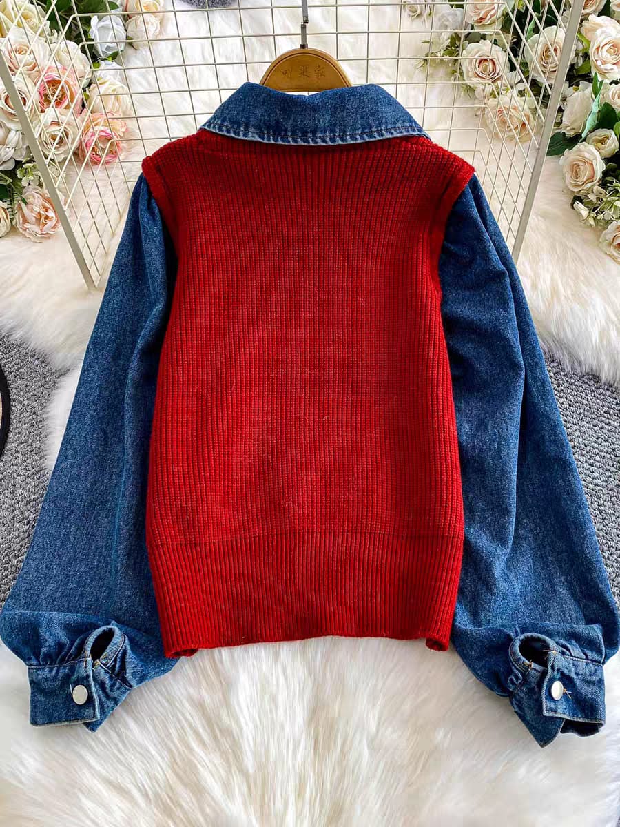 Layered Sweater Vest With Denim Detailing FT491