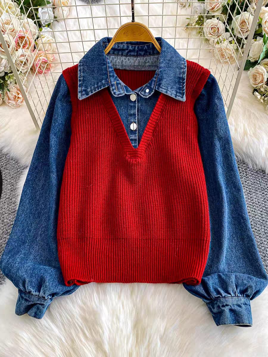 Layered Sweater Vest With Denim Detailing FT491