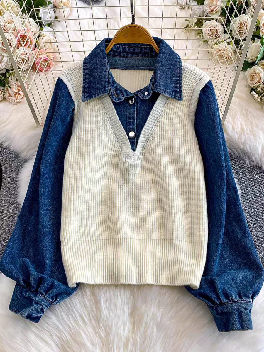 Layered Sweater Vest With Denim Detailing FT491