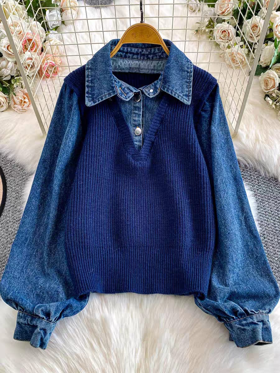 Layered Sweater Vest With Denim Detailing FT491