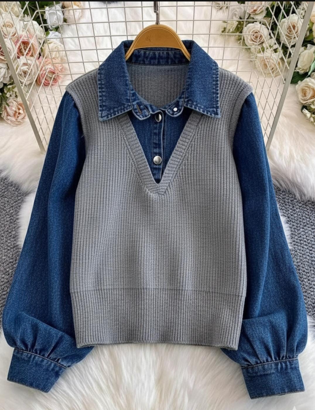 Layered Sweater Vest With Denim Detailing FT491