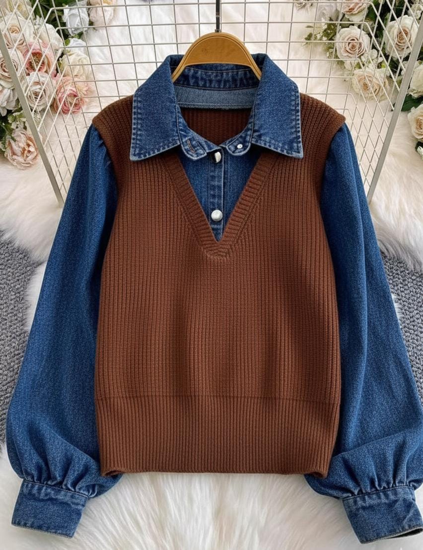Layered Sweater Vest With Denim Detailing FT491