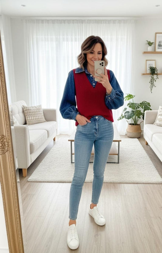 Layered Sweater Vest With Denim Detailing FT491