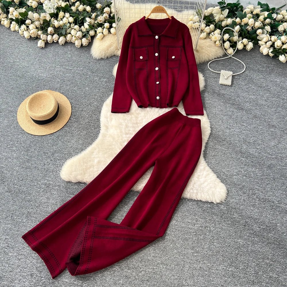 Woolen Buttoned Contrast Stitch Set FT497
