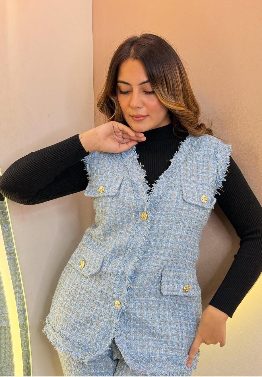 Versatile Tweed Vest and Pants Set with Inner FT499