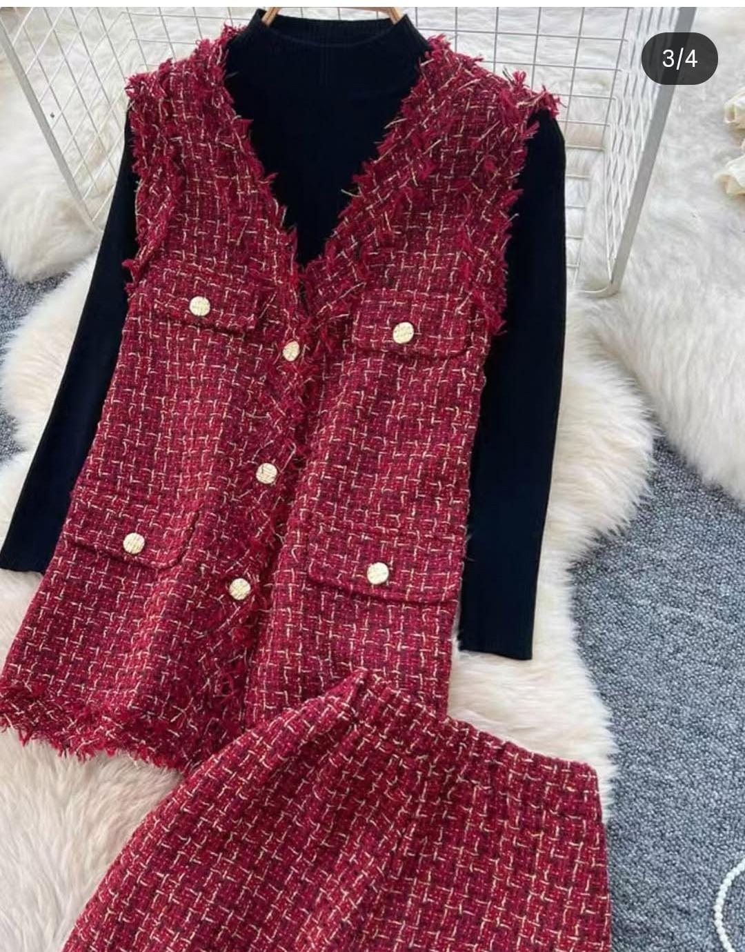 Versatile Tweed Vest and Pants Set with Inner FT499