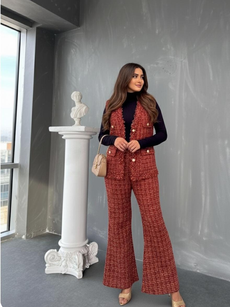 Versatile Tweed Vest and Pants Set with Inner FT499