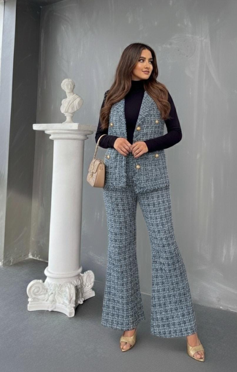 Versatile Tweed Vest and Pants Set with Inner FT499