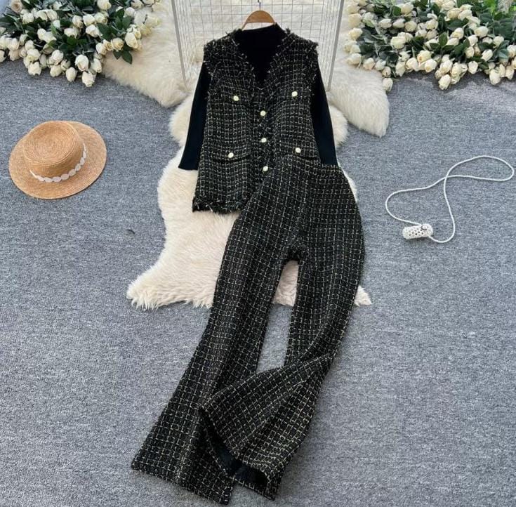 Versatile Tweed Vest and Pants Set with Inner FT499