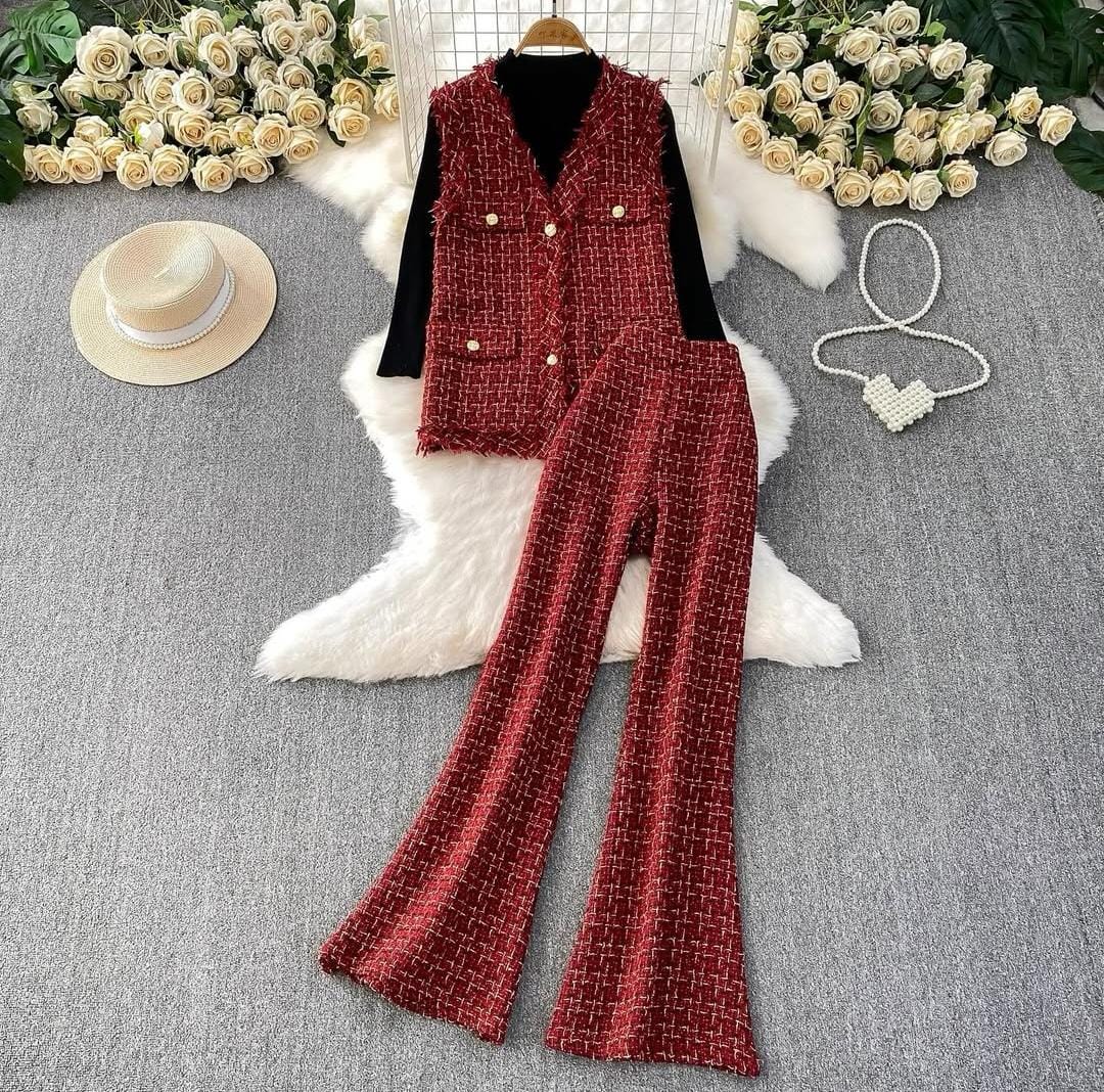 Versatile Tweed Vest and Pants Set with Inner FT499