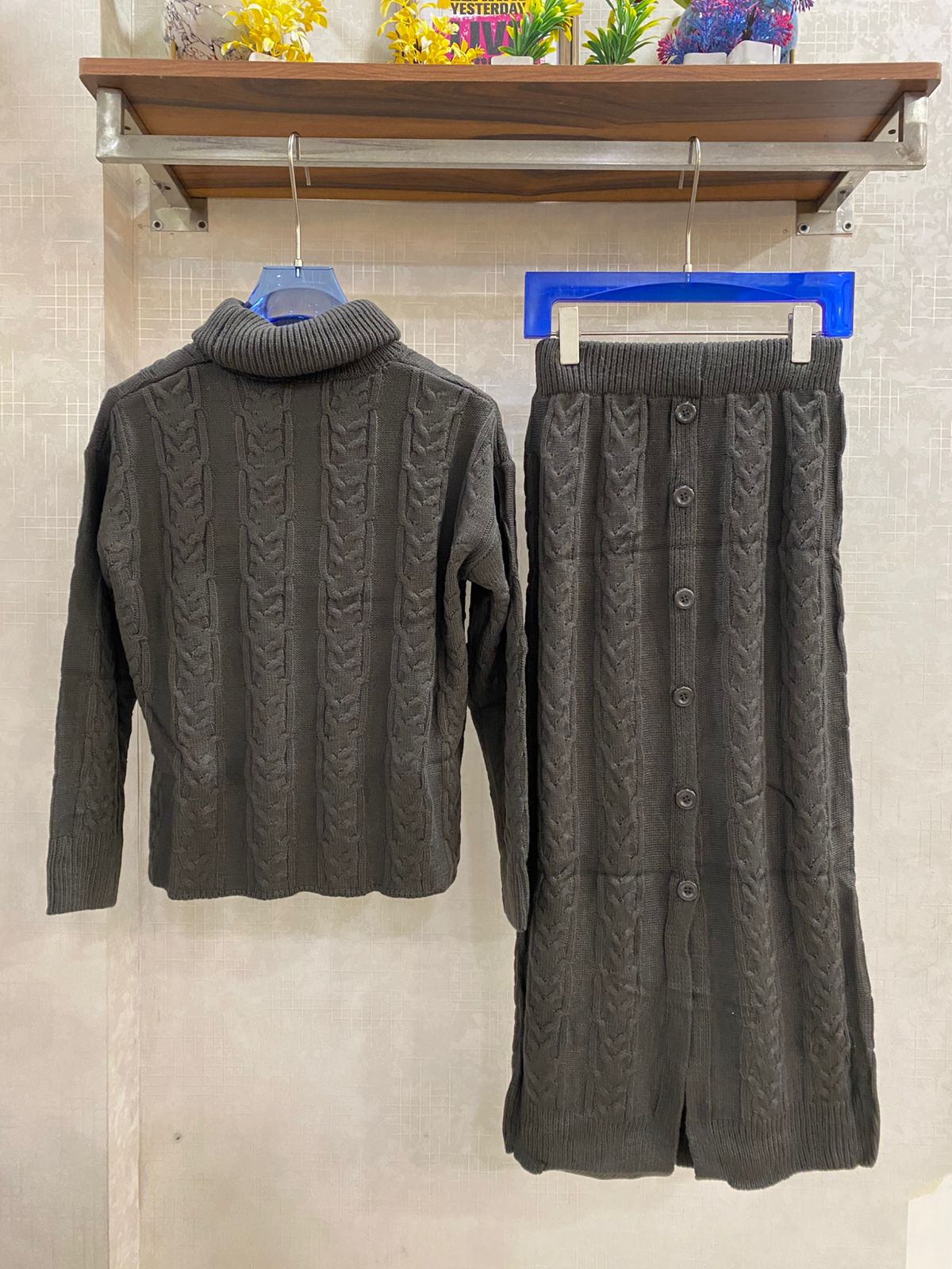 Cable Knitted Woolen Skirt with High Neck Pullover Set FT515