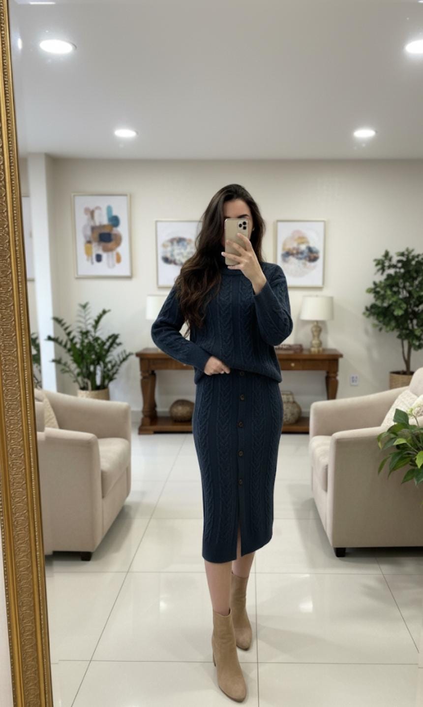 Cable Knitted Woolen Skirt with High Neck Pullover Set FT515