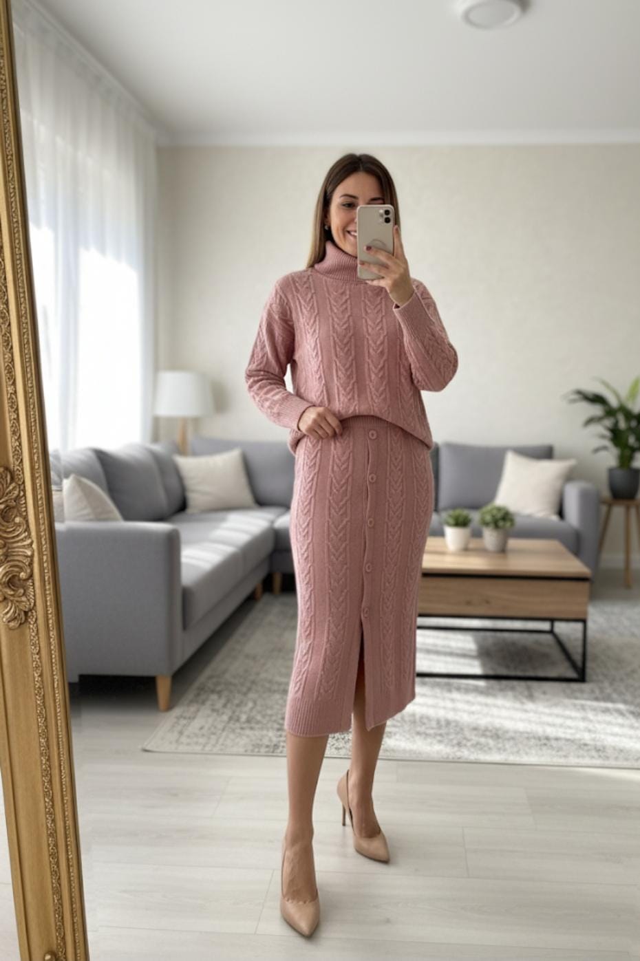 Cable Knitted Woolen Skirt with High Neck Pullover Set FT515