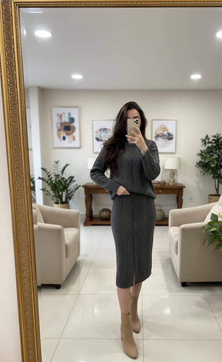 Cable Knitted Woolen Skirt with High Neck Pullover Set FT515