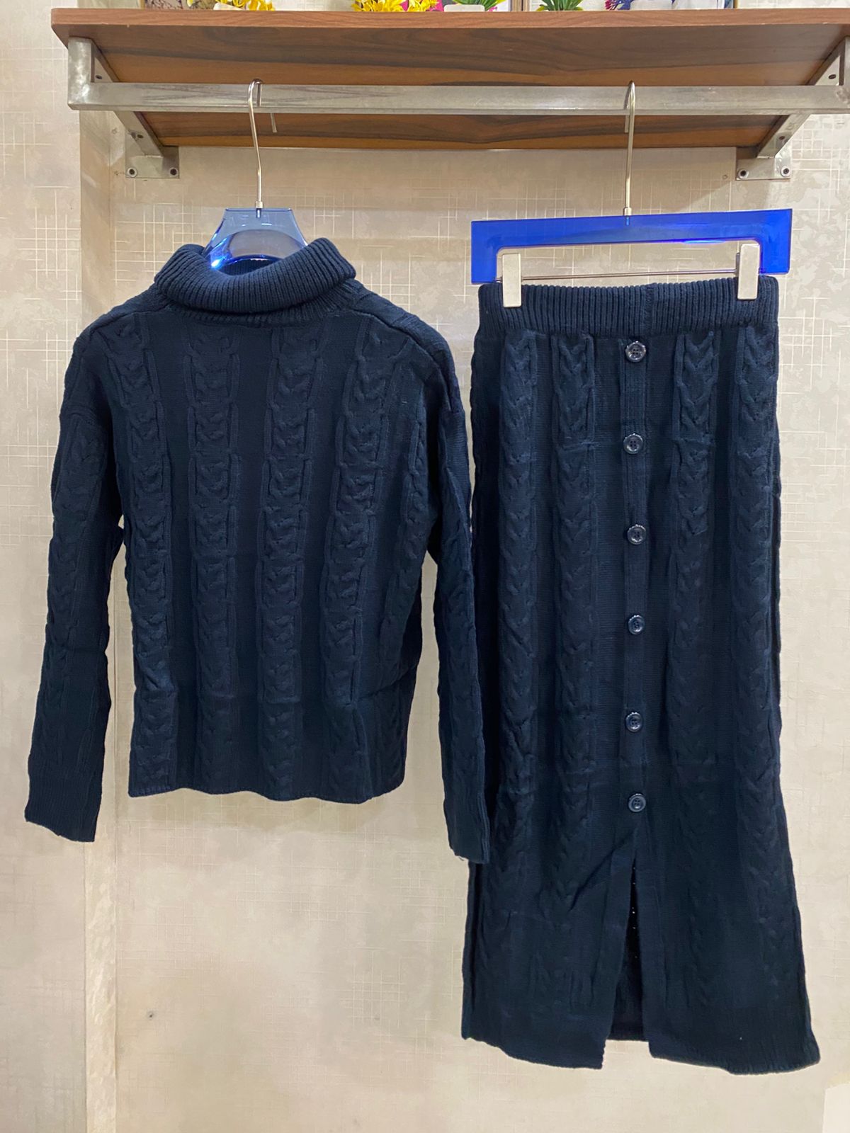 Cable Knitted Woolen Skirt with High Neck Pullover Set FT515