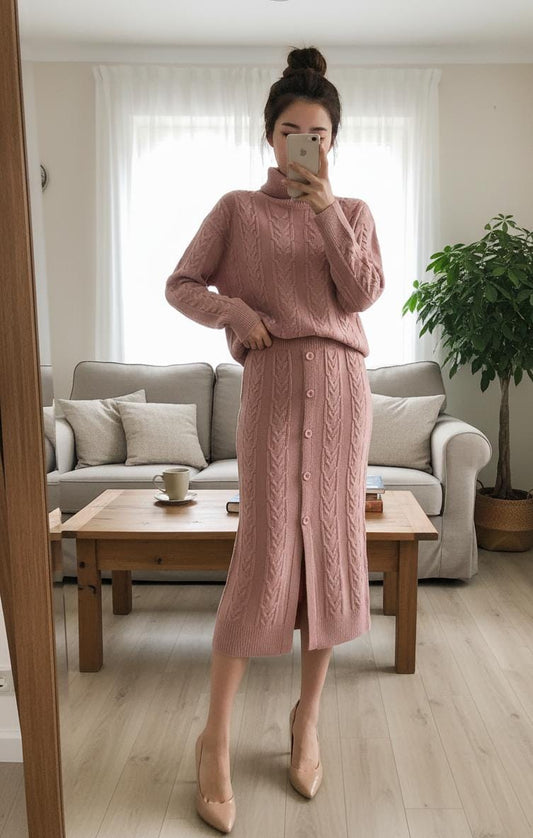 Cable Knitted Woolen Skirt with High Neck Pullover Set FT515