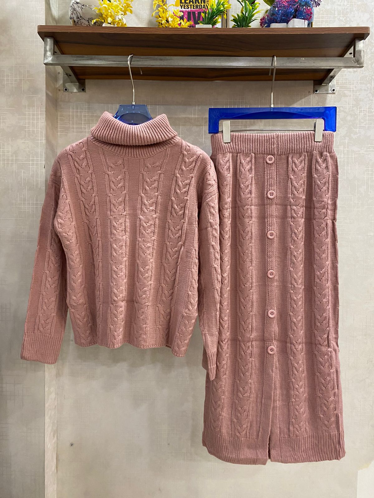 Cable Knitted Woolen Skirt with High Neck Pullover Set FT515