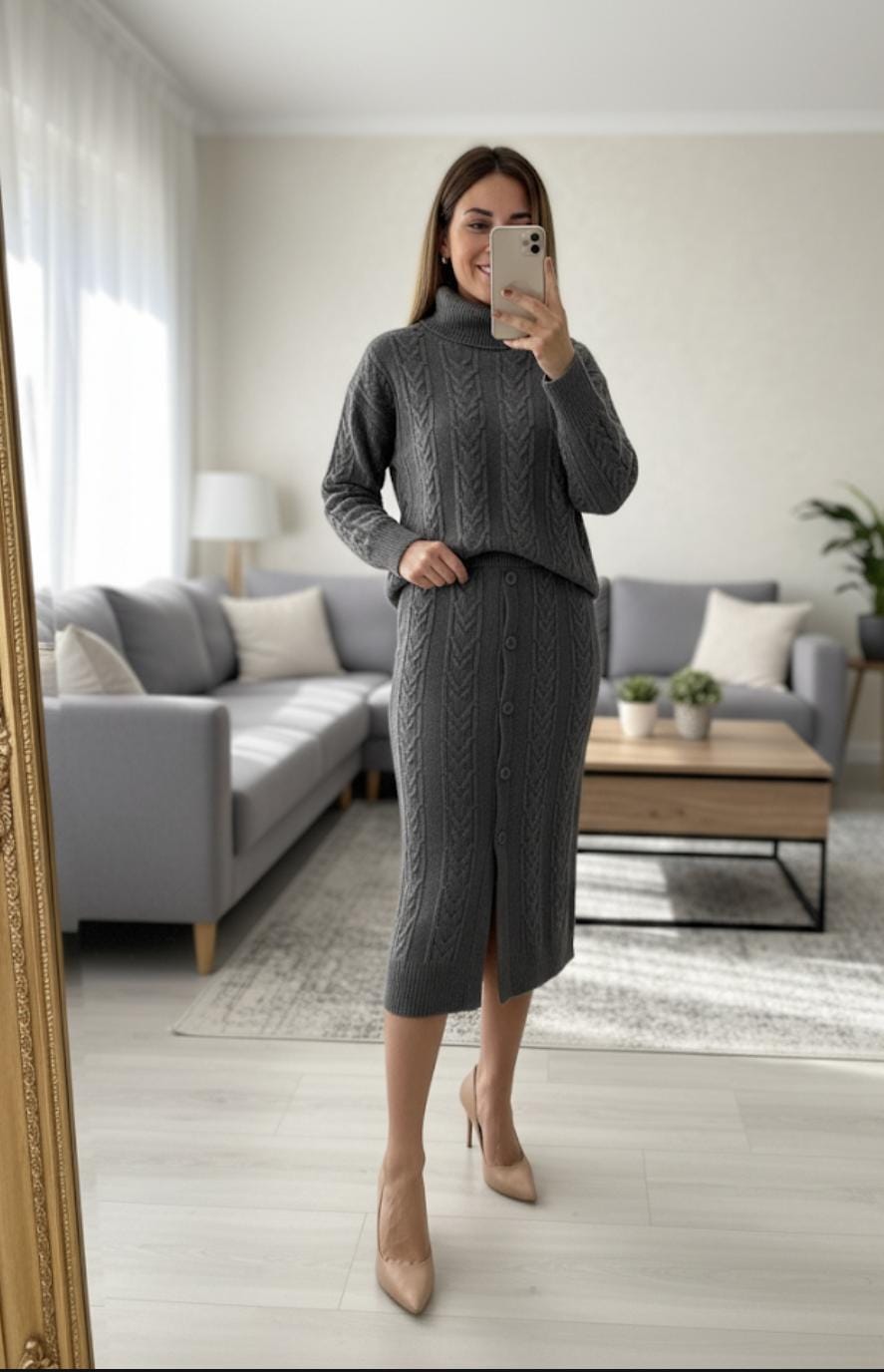 Cable Knitted Woolen Skirt with High Neck Pullover Set FT515