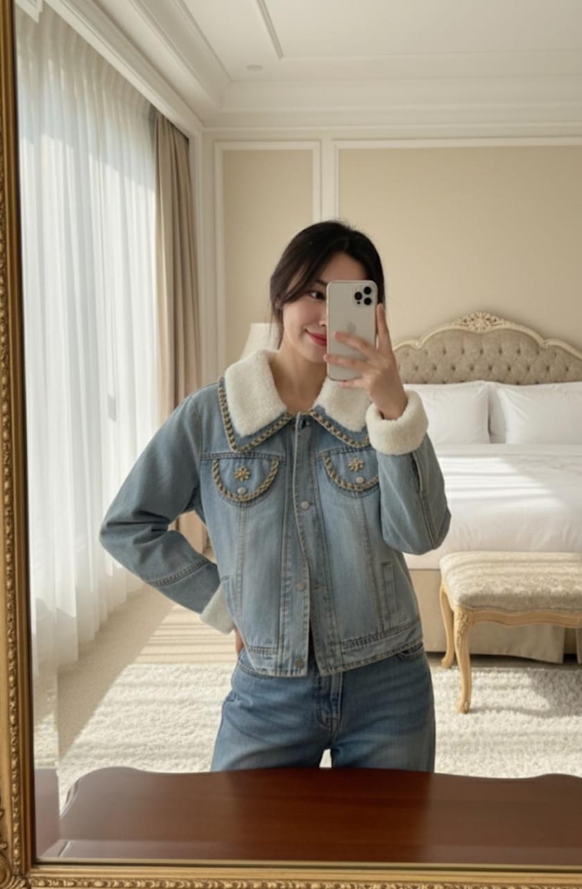 Inside Fur Embellished Denim Jacket FT519