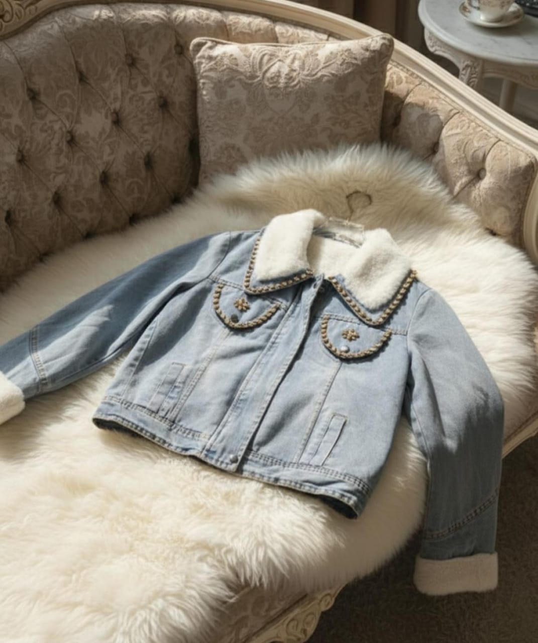 Inside Fur Embellished Denim Jacket FT519