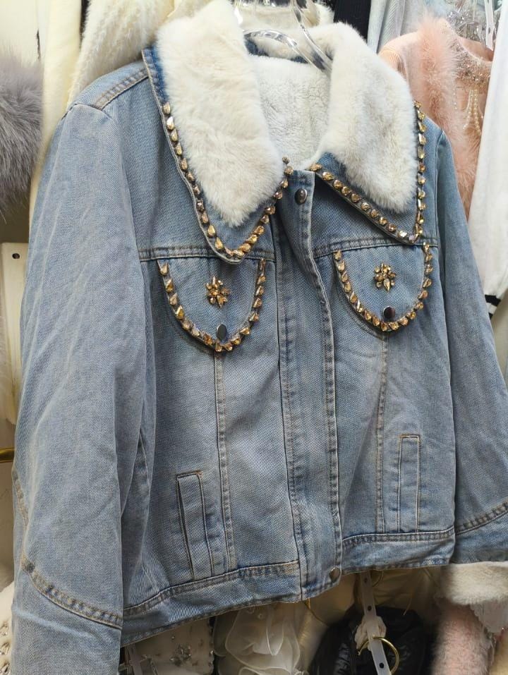 Inside Fur Embellished Denim Jacket FT519
