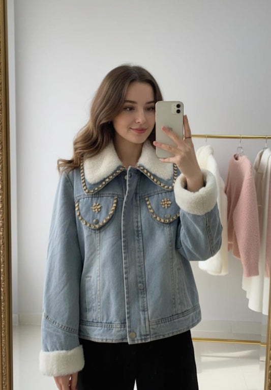 Inside Fur Embellished Denim Jacket FT519