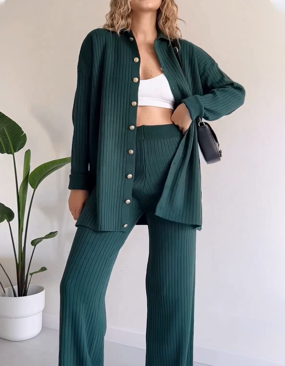 Knitted Long Length Cardigan and Wide-Leg Pant Set FT524