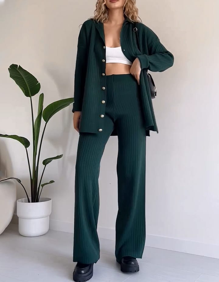 Knitted Long Length Cardigan and Wide-Leg Pant Set FT524
