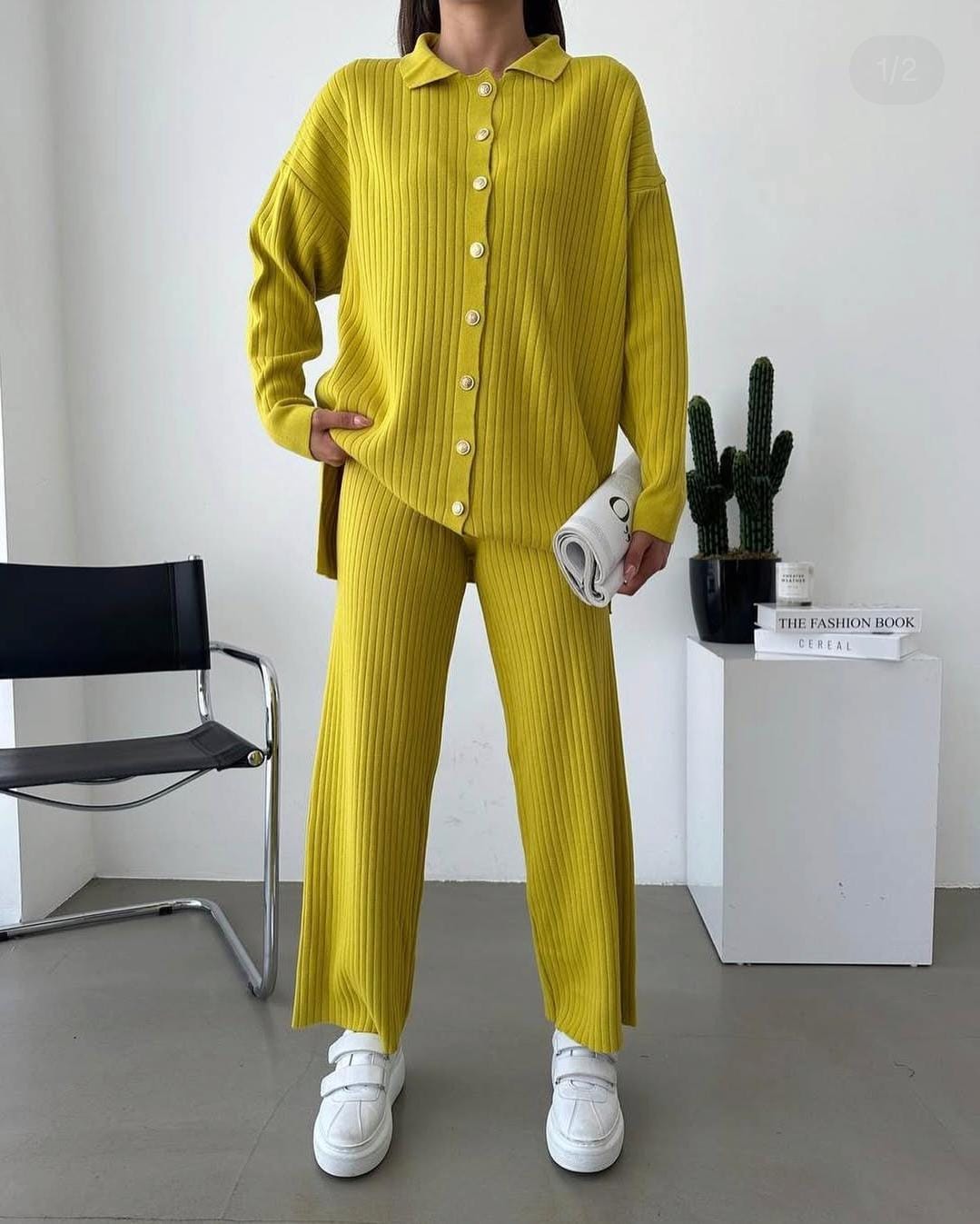 Knitted Long Length Cardigan and Wide-Leg Pant Set FT524