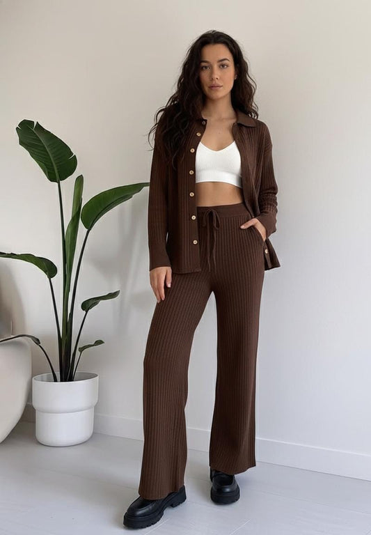 Knitted Long Length Cardigan and Wide-Leg Pant Set FT524