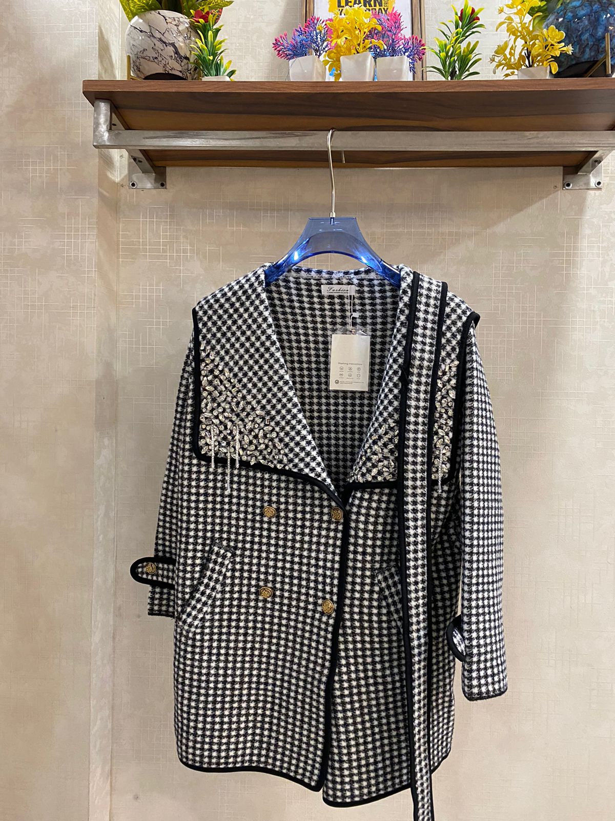 Checkered Charm Woolen Embellished Blazer FT532