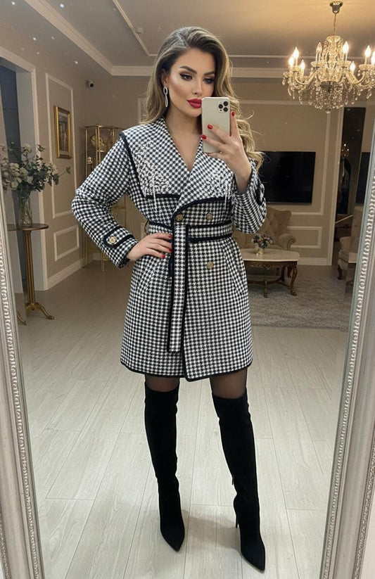 Checkered Charm Woolen Embellished Blazer FT532