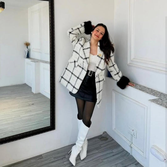 Fur Long Tweed Coat With Studded Buttons FT533