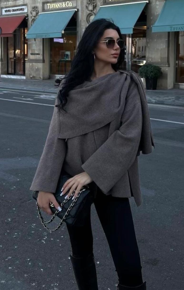 Oversize Draped Attached Woolen Cape FT550