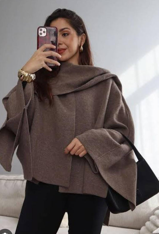 Oversize Draped Attached Woolen Cape FT550