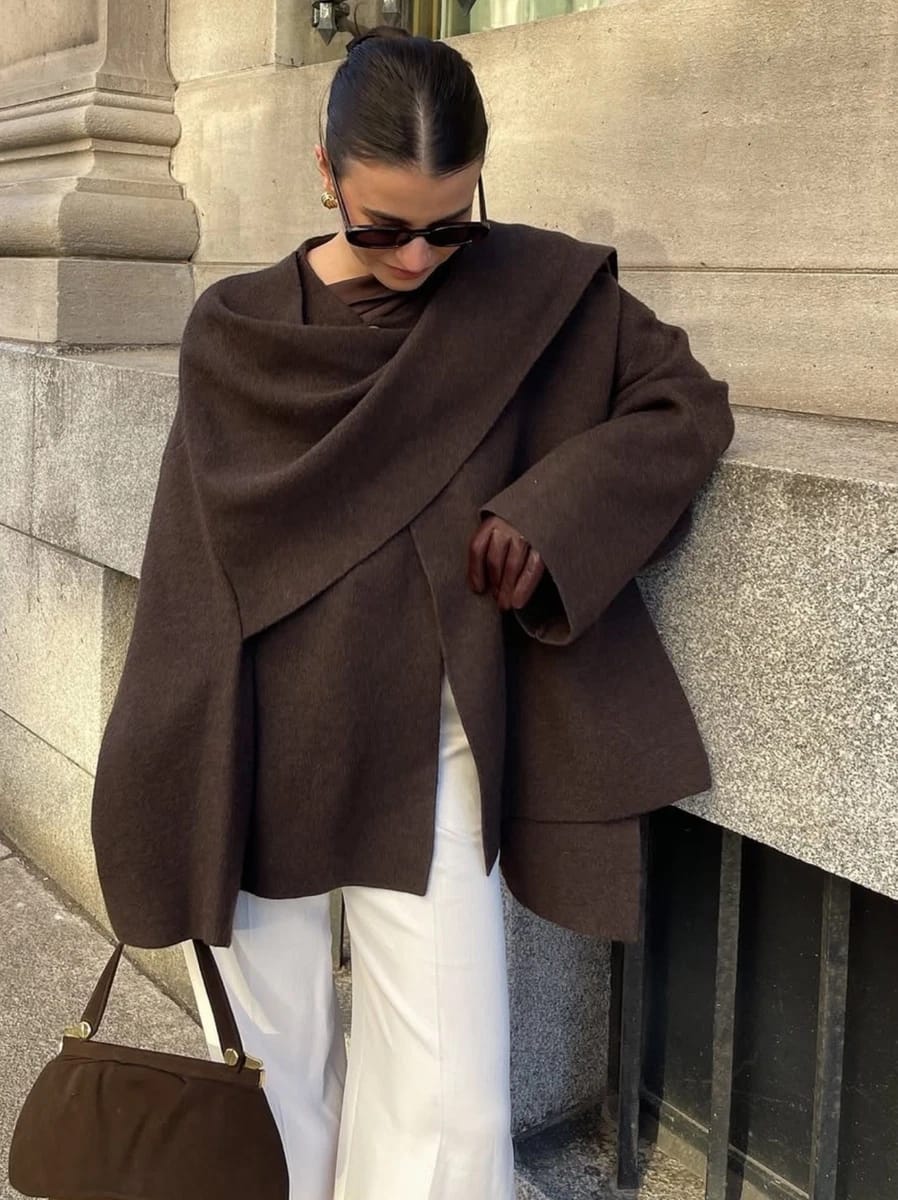 Oversize Draped Attached Woolen Cape FT550