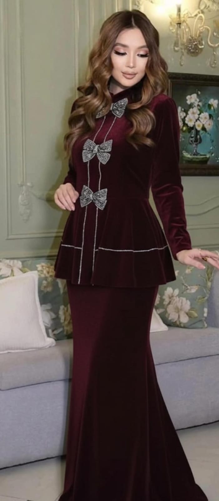 Crystal Bow Peplum Top with Skirt FT571