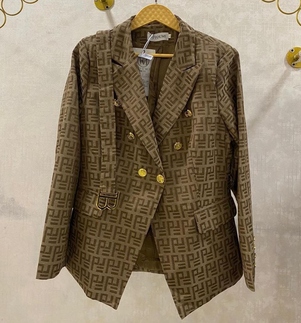 Golden Buttoned Logo Inspired Blazer with Belt FT572