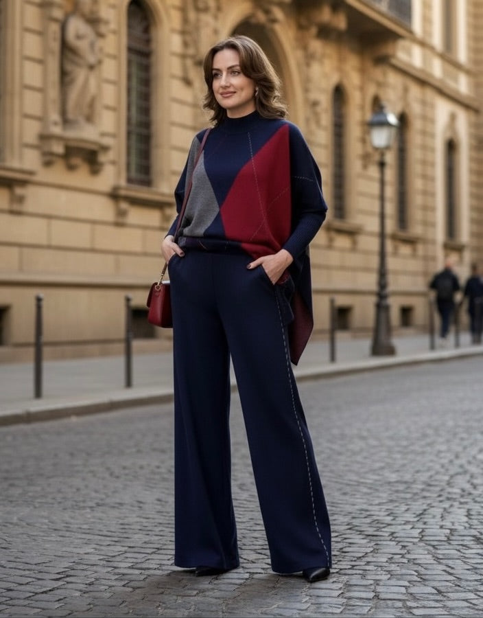 Diamond Pattern Ponchu Style Coord with Pants FT573