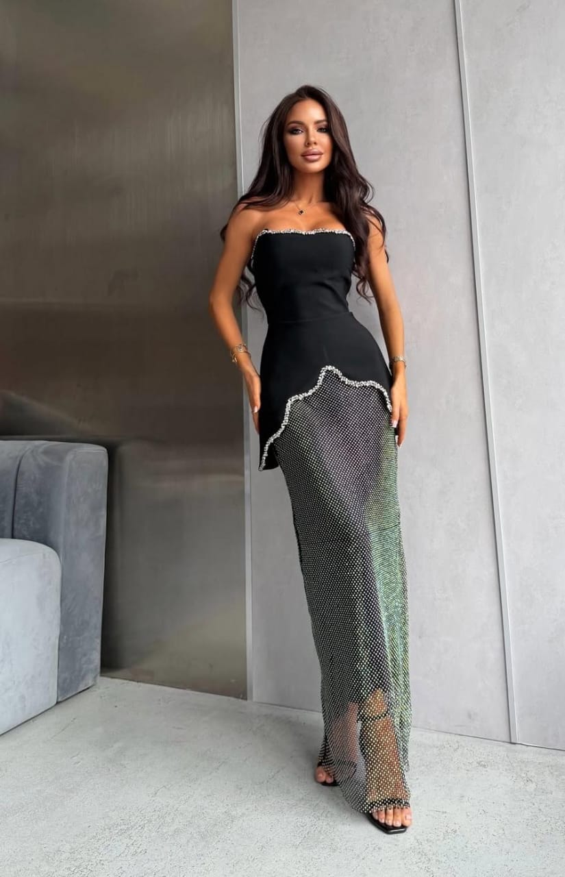 Assymetrical Embellished Top Rhinestone Skirt FT574