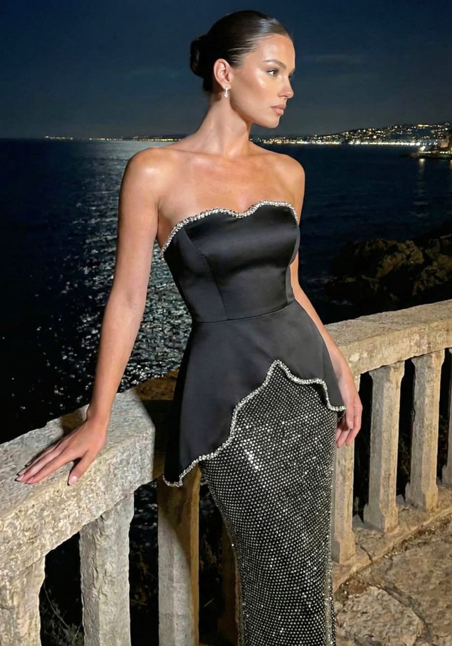 Assymetrical Embellished Top Rhinestone Skirt FT574